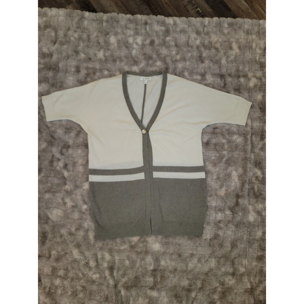 Kinross 100% Cashmere Womens Short Sleeve Cardigan Size Medium Cream & Tan